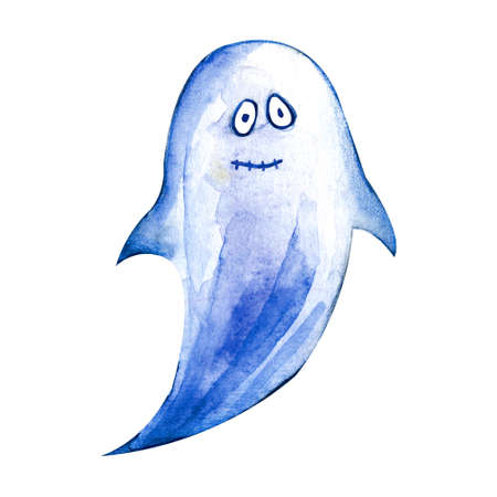 Watercolour illustration of small ghost character. Curious round eyes, rosy cheeks, friendly facial expression. Hand drawn water color graphic painting on white background. Kind fairy tale symbol.の写真素材