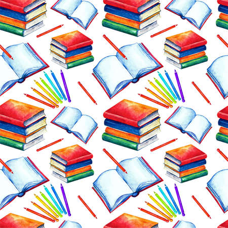 Seamless school pattern in watercolor. Books, textbooks, colored, pencils on a white background. Design for textiles, paper, Wallpaper, packaging, banner, postcard, invitation, fabric.の写真素材