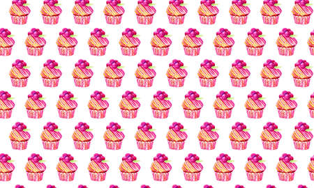 Hands drawn watercolor seamless background with pink cupcake and raspberry cake. Romantic concept. Background for textiles, packaging, Wallpaper. Decoration for pastry shops, bakeries, sweet shops.の写真素材
