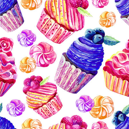 Seamless pattern of cakes, cupcakes, marshmallows in watercolor on white background. Hand-drawn. Illustration of sweets. Background for packaging, textiles, Wallpaper. Confectionery themeの写真素材