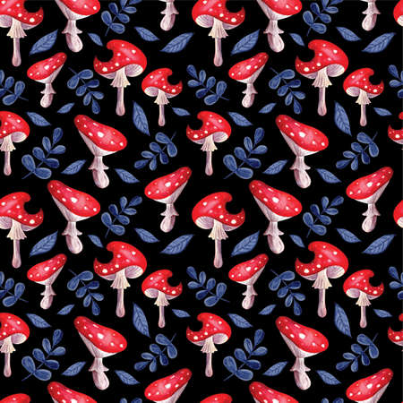 Watercolor seamless background. Red, bright fly agarics in leaves on a black background. Forest mushrooms. Mystical, fabulous, fun style. Bright hand-drawn pattern for packaging, textilesの写真素材