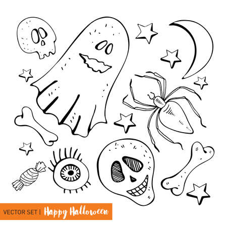 Set in vector for a fun Halloween. Cartoon monsters in flat style. Hand drawn black line on white background. Isolated object. Spider Ghost, bone, candy, month, stars, skull, skeleton, eye.のイラスト素材