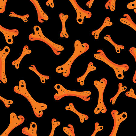 Seamless skull and bone pattern on black background in vector. Background of orange skeleton. Bright...