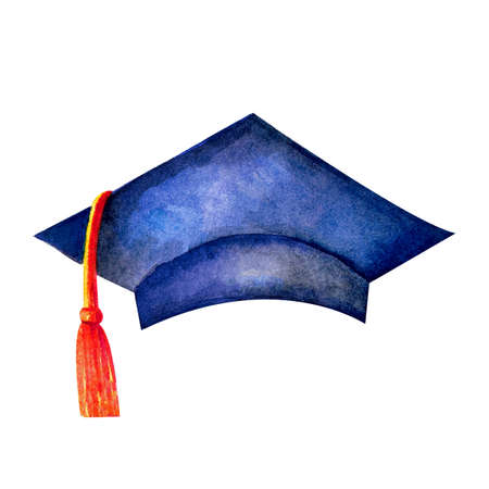 Watercolor illustration of Academic student graduation celebration uniform cap. University hat in black ink isolated on white background.の写真素材