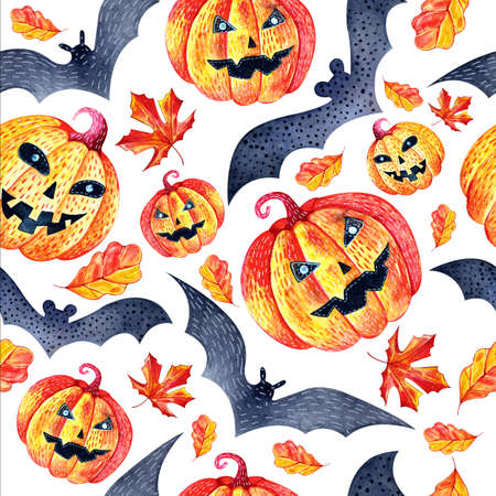 Seamless background in watercolor pumpkins, autumn leaves and bats. Pattern for the autumn holiday Halloween. Mystical, fabulous, fun style. Bright texture for packaging, textiles. White background.の写真素材