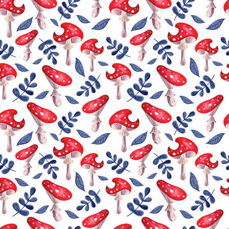 Watercolor seamless background. Red, bright fly agarics in leaves on a white watercolor background. Forest mushrooms. Mystical, fabulous, fun style. Bright hand-drawn background for packaging, textileの写真素材