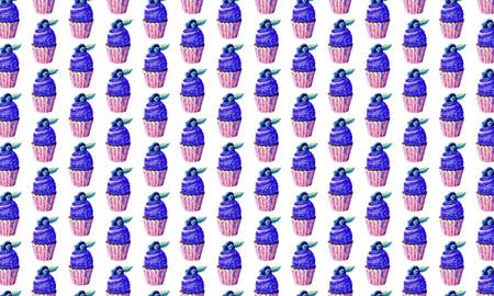 Hand drawn watercolor seamless background with a blueberry muffin and currant cake. Romantic concept. Background for textiles, packaging, Wallpaper. Decoration for pastry shops, bakeries, pastry shops.の写真素材