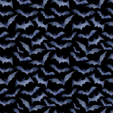 Seamless pattern of bats for Halloween on a black background, watercolor. Decoration for the autumn holiday. Mystical, fabulous, fun style. Bright background for packaging, textiles, Wallpaperの写真素材