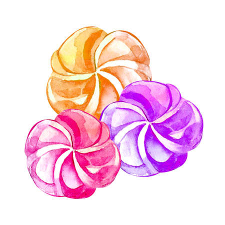 Hand drawn watercolor with vanilla, pink, raspberry marshmallow and souffle. Romantic concept. Isolated object on white background. Illustration of sweets and dessert.の写真素材