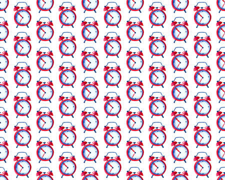 Alarm clock seamless watercolor background. Timer, deadline hurry and Wake up concept, art Wallpaper, packaging, textiles, website background. Watercolor alarm clock on whiteの写真素材