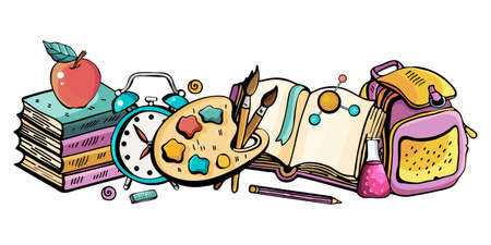 Horizontal banner back to school. Vector colorful illustration in cute style. Hand drawn Doodle cartoon set of thematic elements, objects and symbols. Collection with a large number of objects.のイラスト素材