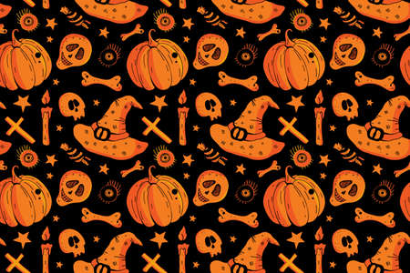 Vector seamless pattern set for happy Halloween. Background of Pumpkin, sweets, skull, candle, eye. Design for textiles, paper, Wallpaper, packaging, banner, postcard, invitation, postcard. Holidayの写真素材