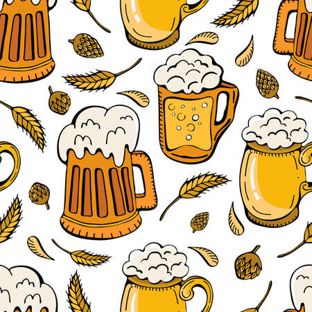 Beer icons, wheat ears, hops seamless background. Oktoberfest cartoon cute Doodle hand-drawn. Colorful details, with lots of background objects. Endless funny vector illustration.の写真素材