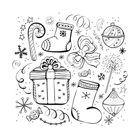 Set of Christmas and new year winter icons. Candy, gift, snowflakes, boots, bow, Christmas toys, serpentine, garland. Hand drawn monochrome set, black and white set. Happy holiday.の写真素材