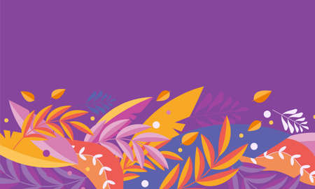 Horizontal banner of autumn leaves on a purple background. Naive, cute, simply style. Vector illustration with floral elements. Bright background for design, printing, invitation card, social networks, websiteのイラスト素材