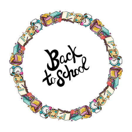 Round frame back to school. Vector colorful illustration in cute style. Hand drawn Doodle cartoon set of thematic elements, objects and symbols. Ready design of greeting cardsのイラスト素材