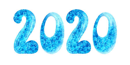 Logo 2020 Happy New year. Greeting card with blue lettering 2020 for your layout flyers and greeting cards or Christmas themed invitations. Watercolor illustration. Isolated on white background.の写真素材