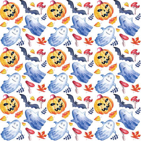 Seamless background of funny ghosts, pumpkin, bat for Halloween on white watercolor background. Decoration for the autumn holiday. Mystical, fabulous, fun style. Bright background for packaging, textiles, Wallpaperの写真素材