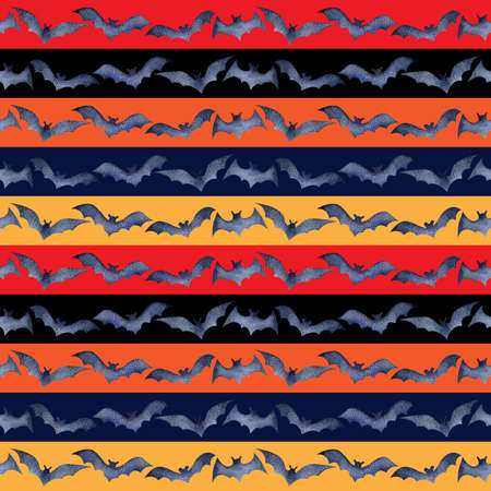 Seamless pattern of bats for Halloween on a colored background, watercolor. Decoration for the autumn holiday. Mystical, fabulous, fun style. Bright background for packaging, textiles, Wallpaperの写真素材