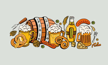 Cartoon cute colorful vector hand drawn Doodle beer fest corporate identity. Sausage, beer, barrel, pretzel, hops, sausage. A lot of subjects on the subject of beer. horizontal design bannersの写真素材