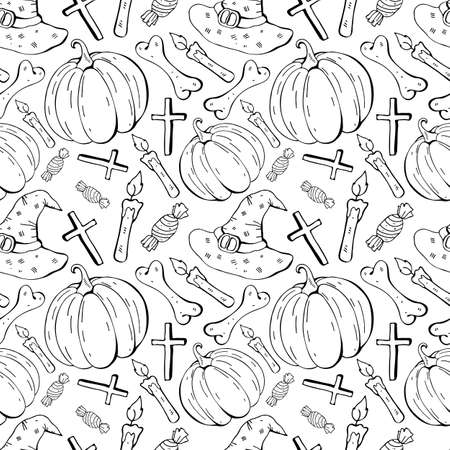 Seamless pattern in vector witch hat, pumpkin, bone, candy. Black and white background line. Hand drawn design for textile, paper, Wallpaper, packaging. Doodle style. Festive decoration happy Halloween.のイラスト素材