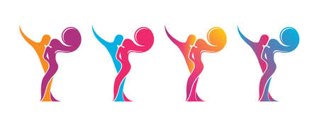 Set a colored silhouette of a dancing couple in vector. Logo for dance Studio in bright color, orange, pink, yellow, red, blue. Latino, ballroom dancing. Label, sign, sticker. Man and woman dancing.のイラスト素材