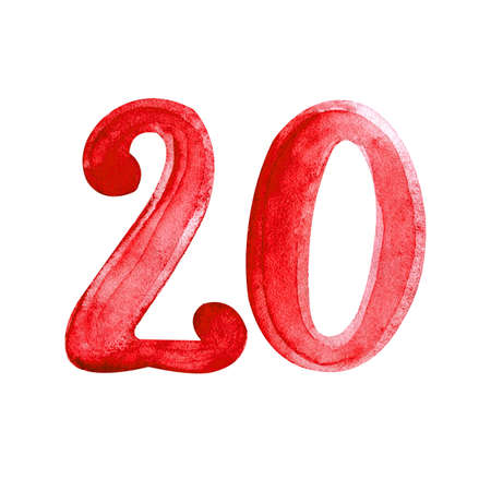 Watercolor illustration 20 red isolated on white background. Figure 20. Sale, price tag. Alphabet. Design element.の写真素材