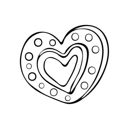 Hand drawn Doodle outline cookies in the shape of a heart. Vector illustration isolated on white background. Cute Doodle vintage style. Ink sketch pastriesのイラスト素材