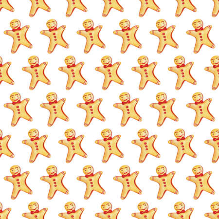 Christmas gingerbread seamless pattern. Ginger man. Ginger cookies on white background. Watercolor...