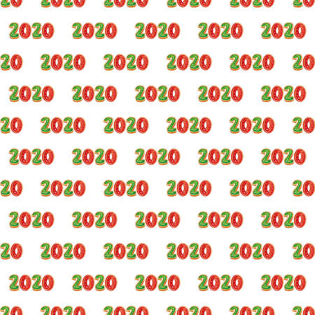 Seamless pattern with new year 2020 and Christmas. White background numbers. Watercolor illustration. Christmas background for paper, textiles. fabric, packaging, greeting card.の写真素材