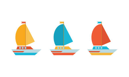 Set of icons in a flat vector. Yellow, blue and red yacht, boat, sailboat. Travel by sea transport. Isolated objects on white backgroundの写真素材