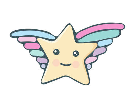 Kawaii star vector. Cute cartoon star with wings and smile. Cute star illustration for kids. Design children, stickers. Baby shower little stars in kawaii style. Isolated object on white background.のイラスト素材