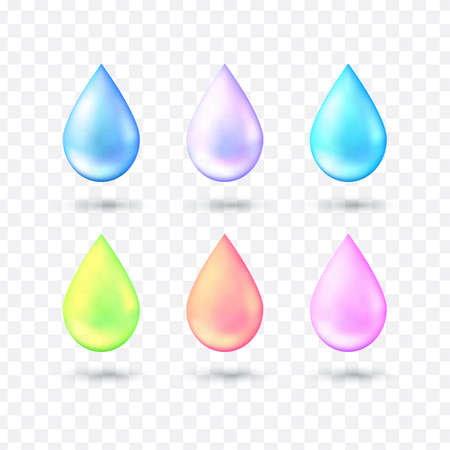 Set of multicolored realistic style water drop in vector. 3d realistic vector illustration. Glitter water drop of blue, turquoise, pink, purple, green with effects isolated on transparent background.のイラスト素材