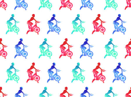 Seamless pattern workout in the gym. Woman trains on a stationary bike. Sports lifestyle. Watercolor illustration with active young girl.の写真素材