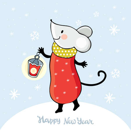 Cute cartoon mouse in vector. Kawaii mouse holding a lantern among the snowflakes. Hand drawn text Happy New year. Chinese symbol 2020 new year. Christmas and New year card or banner. Doodleのイラスト素材