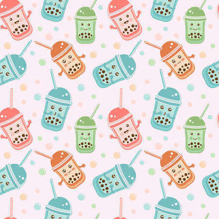 Seamless pattern black Tapioca pearls. Cute kawaii character bubble tea isolated on white background. Cartoon vector illustration of ball tapioca or boba. Boba tea, milk tea, Taiwanese drink. Doodle.のイラスト素材