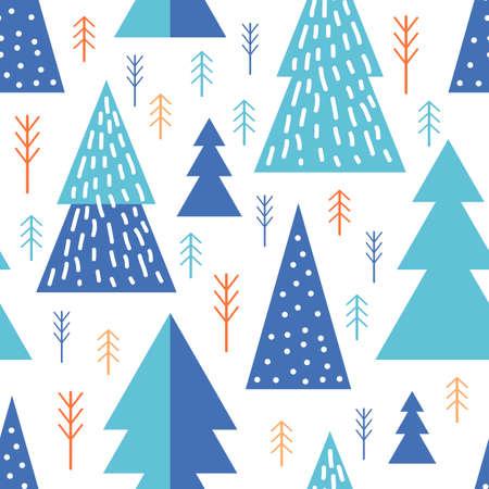 Abstract seamless pattern geometric forest. Simple minimalist trees. Scandinavian style Huge. Cartoon Winter. Vector illustration. Colorful design for printed materials. Christmas treesのイラスト素材
