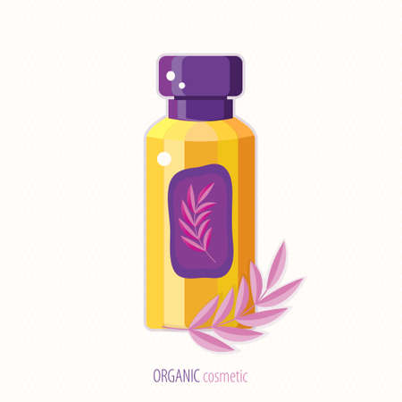Natural herbal organic cosmetic. Plant cosmetics. Skin care product. Stylized Bottle with tonic, lotion or cleanser for facial care in flat vector. The concept of ecological and natural products.のイラスト素材