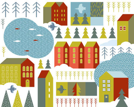 Seamless pattern with a winter Scandinavian town in a fun colors. Hygge cozy style. Colorful buildings on light background. Nordic village. Christmas illustration the house, pond, bird, snow, slaveのイラスト素材
