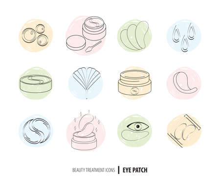 Beauty cosmetics line art icon set. Collagen eye patches in vector. Korean cosmetics. Icons patch for eyes, collagen, Ginkgo biloba, packaging with patch. Facial skin care. Drawn line art. Doodleのイラスト素材