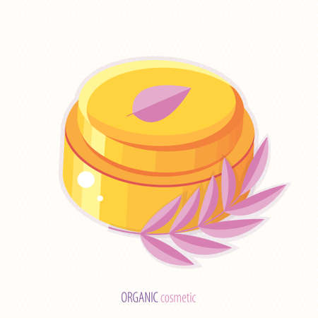 Natural herbal organic cosmetic. Plant cosmetics. Skin care product. Face cream in a jar. Ecological and natural beauty products. Body care product. Spa cosmetics. flat vector.のイラスト素材