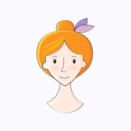 A pretty young woman smiles and looks straight ahead. Cartoon portrait of a happy girl. Icon with the image of a person s face. Avatar of a beautiful girl. Vector illustration. Human emotion.のイラスト素材
