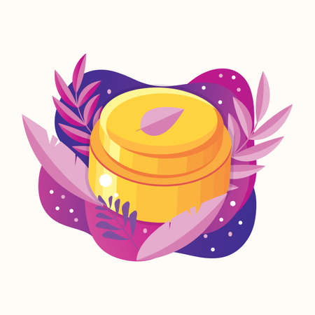 Natural herbal organic cosmetic. Plant cosmetics. Skin care product. Face cream in a jar. Ecological and natural beauty products. Body care product. Spa cosmetics. flat vector.のイラスト素材