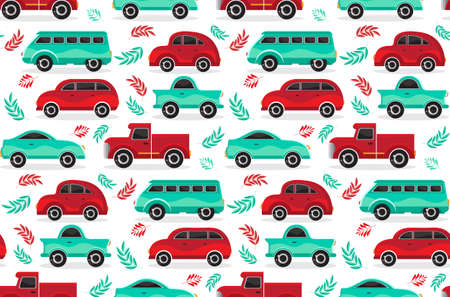 Seamless pattern of green and red cartoon car in flat vector. Transport vehicle. Children s cute background toy car. Fun design for textiles, paper, fabric, packaging, Wallpaper, websites.のイラスト素材