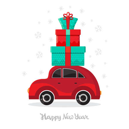 Car with gifts on a winter background. Christmas car toys with gift boxes of vector cartoon. Flat design vector festive holiday design element. Christmas and new year shopping. Children s illustrationのイラスト素材
