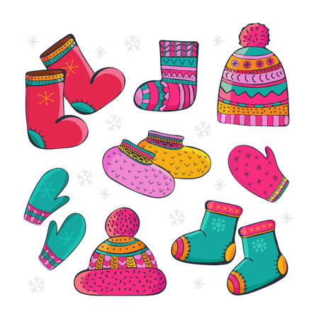 Set of cartoon vector winter accessories. Hand drawing of winter, warm clothes. Socks, a cap with a pompom, mittens, valenki, shoes. Fashion graphic. Clothes icons set. Bundle of seasonal clothing.のイラスト素材