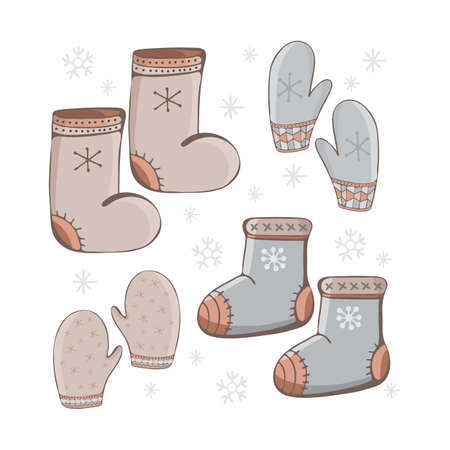 Set of cartoon vector winter accessories. Hand drawing of winter, warm clothes - mittens, valenki, shoes. Fashion graphic. Clothes icons set. Bundle of seasonal clothing. Colorful vector illustration. Doodleのイラスト素材