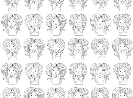 Seamless pattern funny girls smiling. Continuous line, drawing of cute girl. Art line illustration. Sketch for your design. Female character in the vector. Hand drawn female avatar. Black and whiteのイラスト素材
