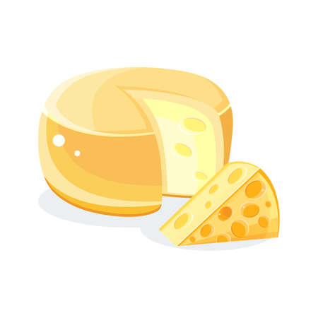 A large round yellow cheese with a cut square piece in the vector. Cartoon illustration of healthy dairy products. Icon farm products. Flat yellow milk food symbol for web site design, mobile app.のイラスト素材