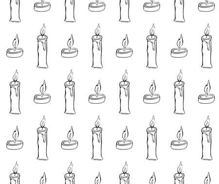 Seamless pattern burning candle drawn with a black art line on a white background. Hand drawing. One continuous line black color.のイラスト素材